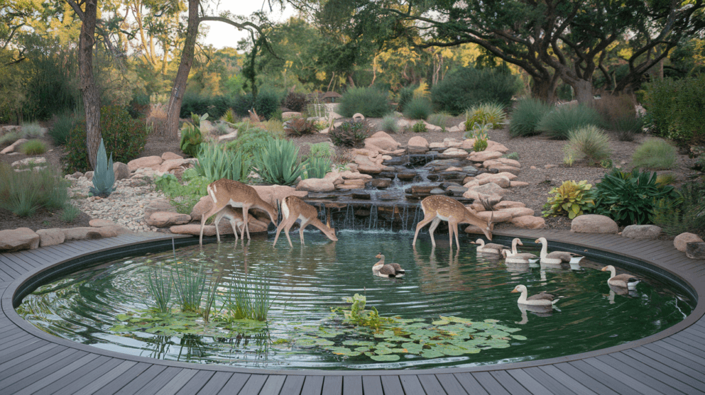a group of deer in a pond with ducks and water