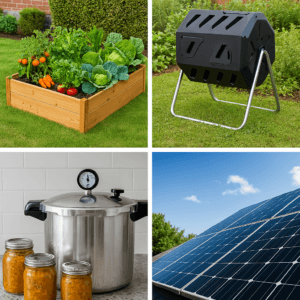A grid of four images featuring self-sufficient living products: a backyard compost tumbler, a countertop electric composter, a classic stovetop pressure canner, and a digital electric pressure canner. Each product represents a practical way to manage food waste or preserve food for off-grid and sustainable living.