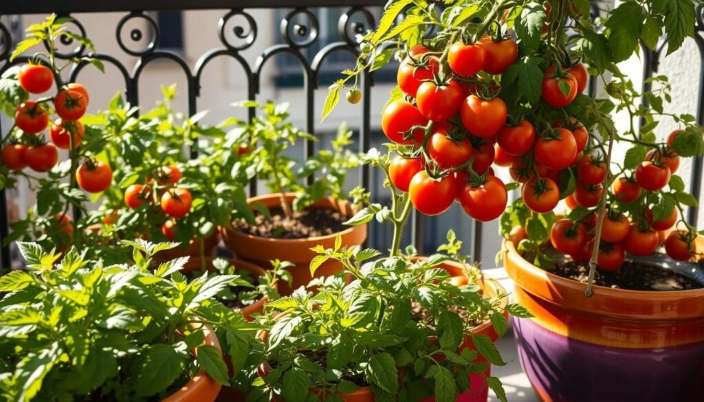 tomatoes in containers on balcony