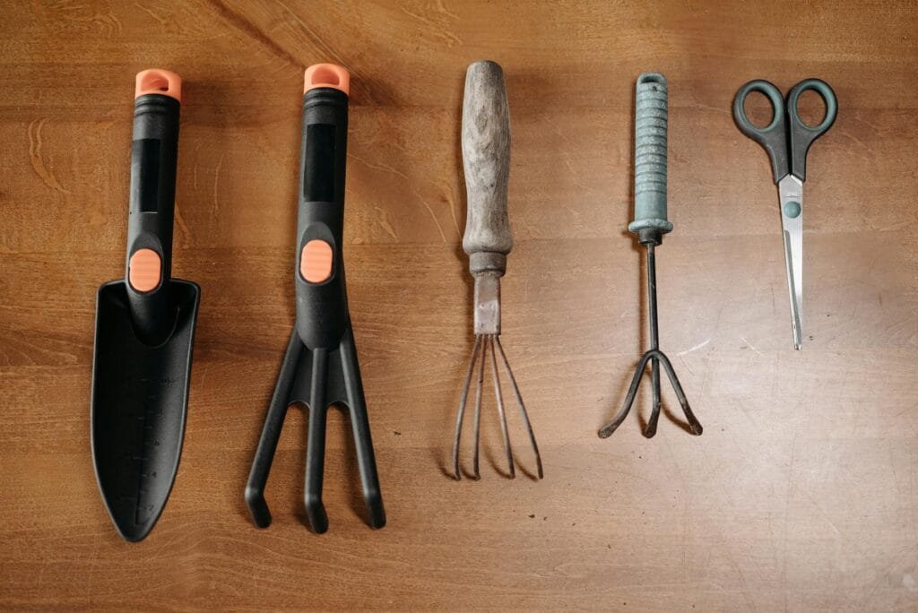 Garden tools laid out for homestead work