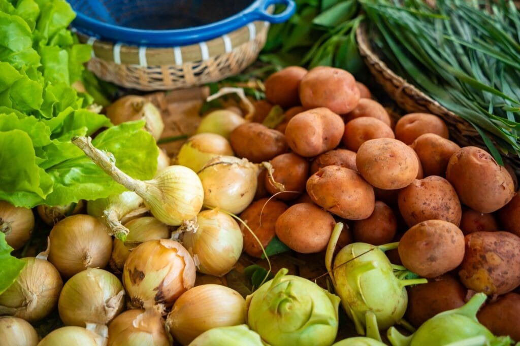 Harvested potatoes and onions in storage
