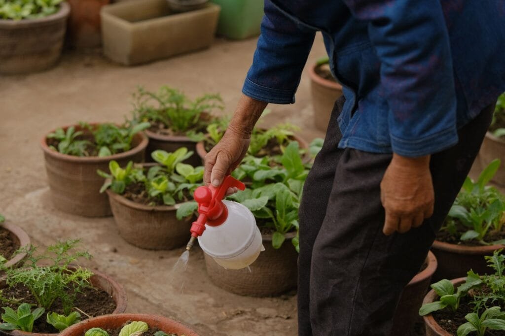Vegetables growing in containers on a patio
